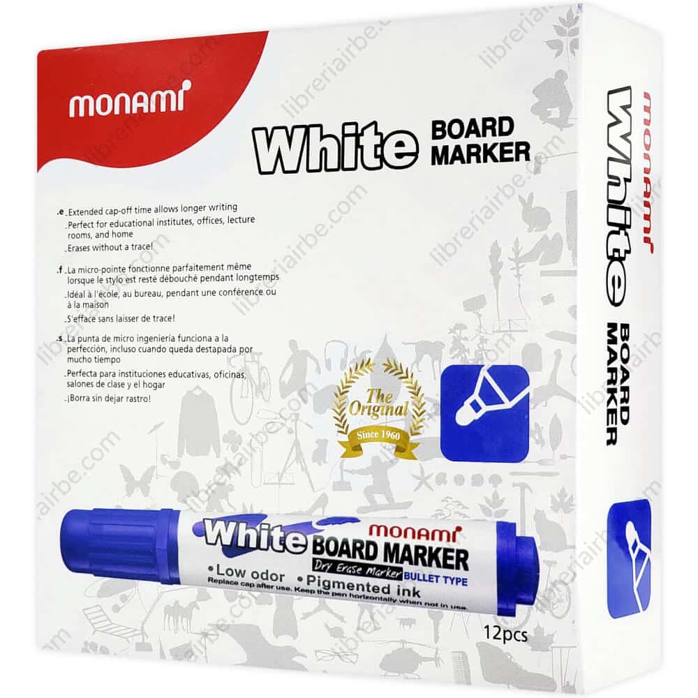 Marcadores de Agua para Pizarra Blanca Monami White Board Marker, Caja de 12 Piezas – Azul